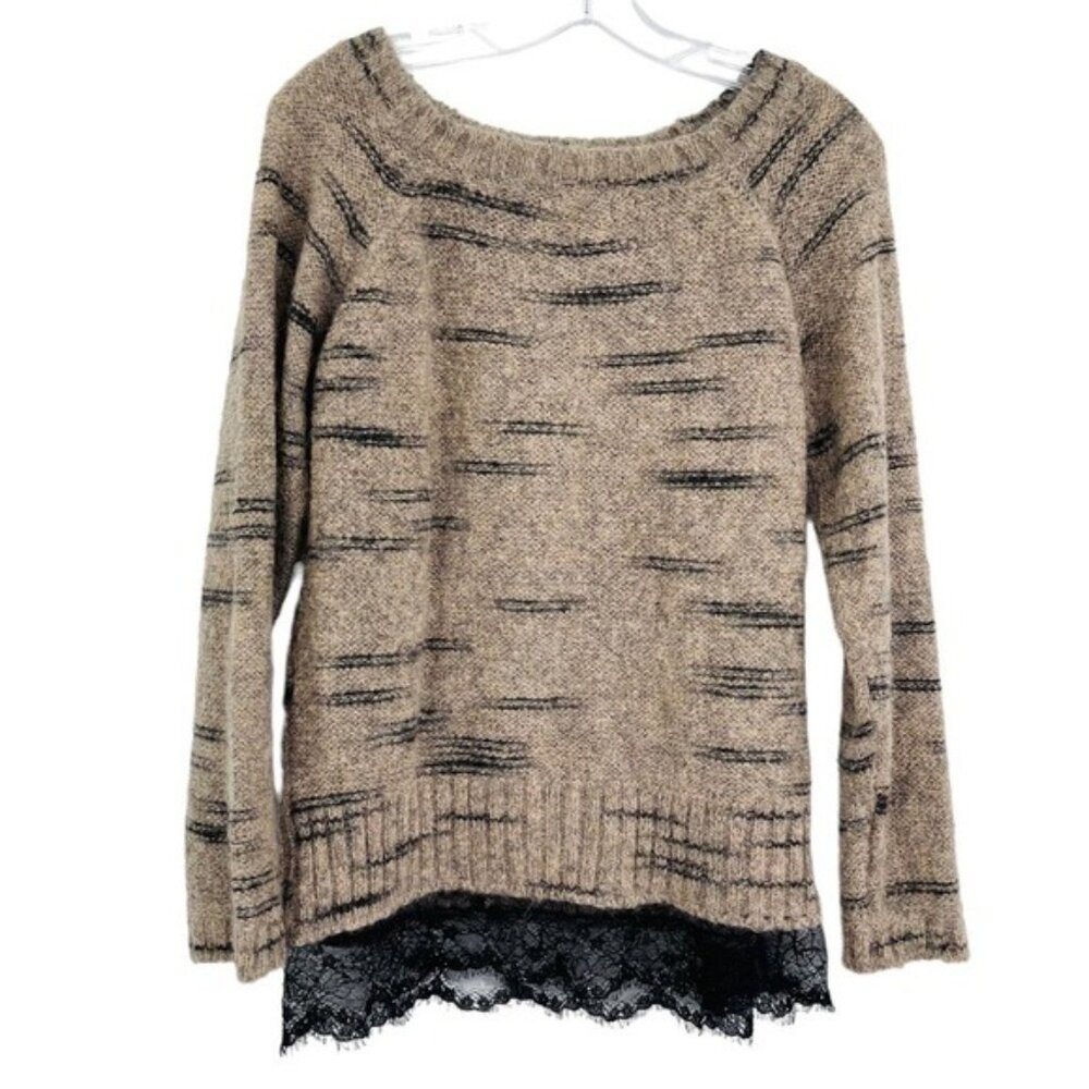Elsamanda Anthro Italy Mohair Blend Sweater Womens S Tan Black Lace Layered Look